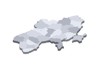 Ukraine political map of administrative divisions - regions, two cities with special status of Kyiv and Sevastopol, and autonomous republic of Crimea. 3D isometric blank vector map in shades of grey.