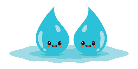 Two blue funny cute water drops. World water day. 