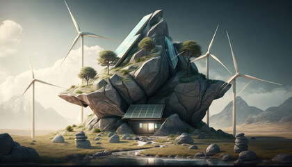 solar panels energy photovoltaik illustration, dark sky in the background Generative AI, Generativ, KI