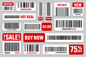 Set of product barcodes. Special offer, sale stickers, shopping discount label or promotional badge. Serial number, product ID. Store or supermarket scan labels, price tag. Vector illustration