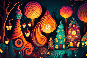 Bright, vibrant city candyland wonderland at night cartoon fairytale style for children.  Generative AI.