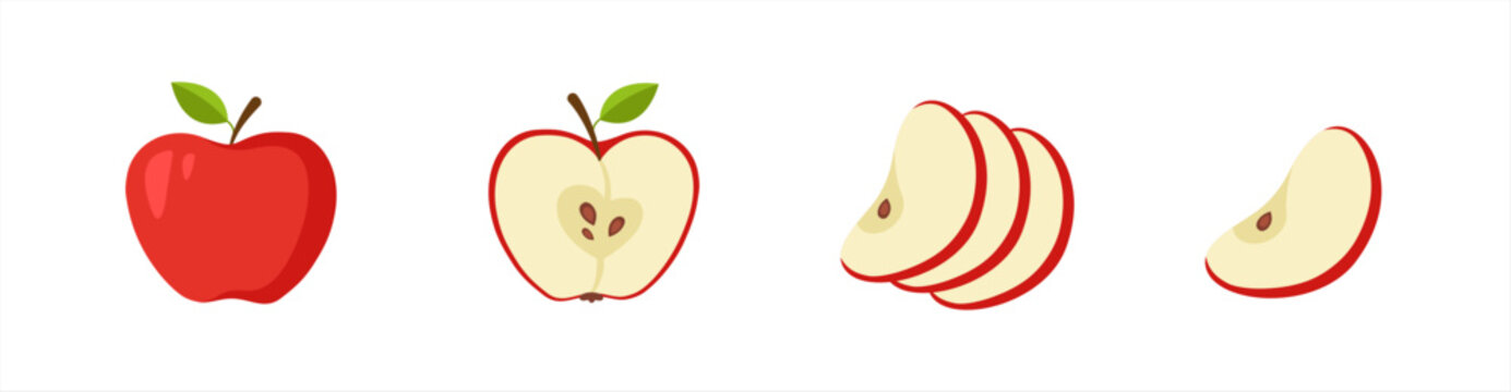 Green apple cartoon set. Cross section of cut apple, slices and whole fruit, isolated vector illustration 10 eps.