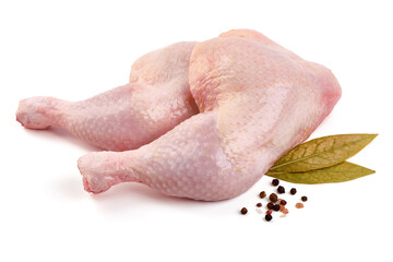 Raw chicken leg quarters, isolated on white background. High resolution image.
