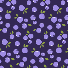 Cute vector seamless pattern with blueberries and leaves on dark background