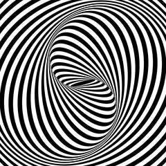Spiral optical illusion. Black and white vortex lines. Striped twisty pattern with dynamic kaleidoscope effect. Vector graphic illustration