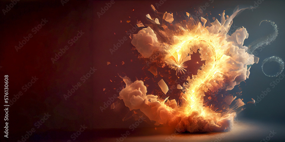 Poster explosive and on fire question mark, challenge and risk concepts. made with generative ai