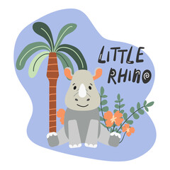Cute vector rhinoceros. Cartoon rhino on the background of a palm tree and flowers.  Charming African animal with horn, isolated on blue background. Print design on children's t-shirt.
