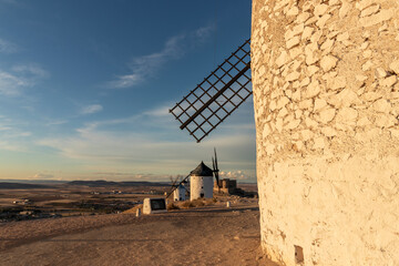 Group of old windmills in the city of Consuegra Spain , on the route of the Don Quixote and...