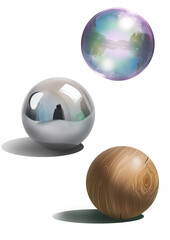 Set of 3 balls made of materials: bubble, metal, wood