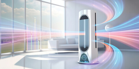 generic air purifier or AC controller unit mockup with modern bright Livingroom background - Generative AI