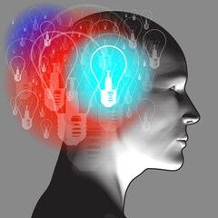 An adult right-side profile overlaid with various blending semi-transparent light bulbs.