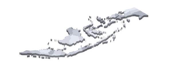Indonesia political map of administrative divisions - provinces and special regions. 3D isometric blank vector map in shades of grey.
