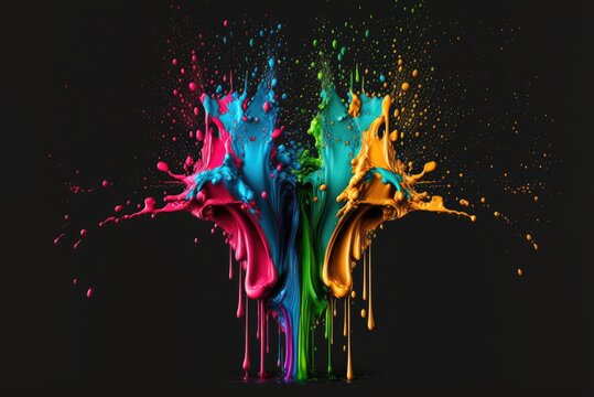 Colorful paint splashes isolated on black background. Ai generative.