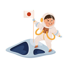 Little child in spacesuit standing on moon with flag of Japan. Kids astronaut character in outer space cartoon vector illustration