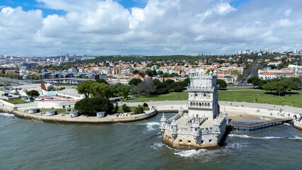 Fototapeta na wymiar Aerial landscape of Torre de Belém with blue sky.