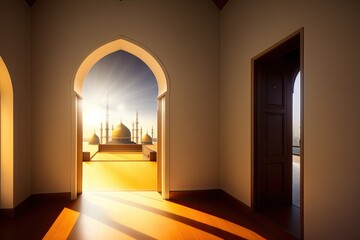Fototapeta premium Islamic background painting. Mosque and shadows. Light rays from mosque window or door. Prayer's vision, generative ai. Muslim art.