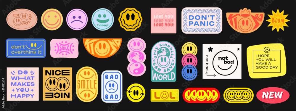 Poster cool trendy groovy stickers set. collection of y2k patches vector design. pop art badges. smile emot