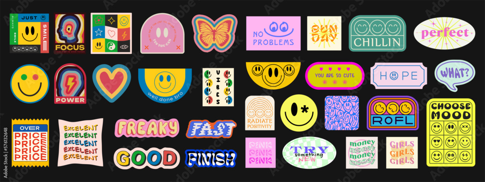 Poster cool trendy geometric smile stickers set. collection of groovy patches. pop art y2k badges. vector e