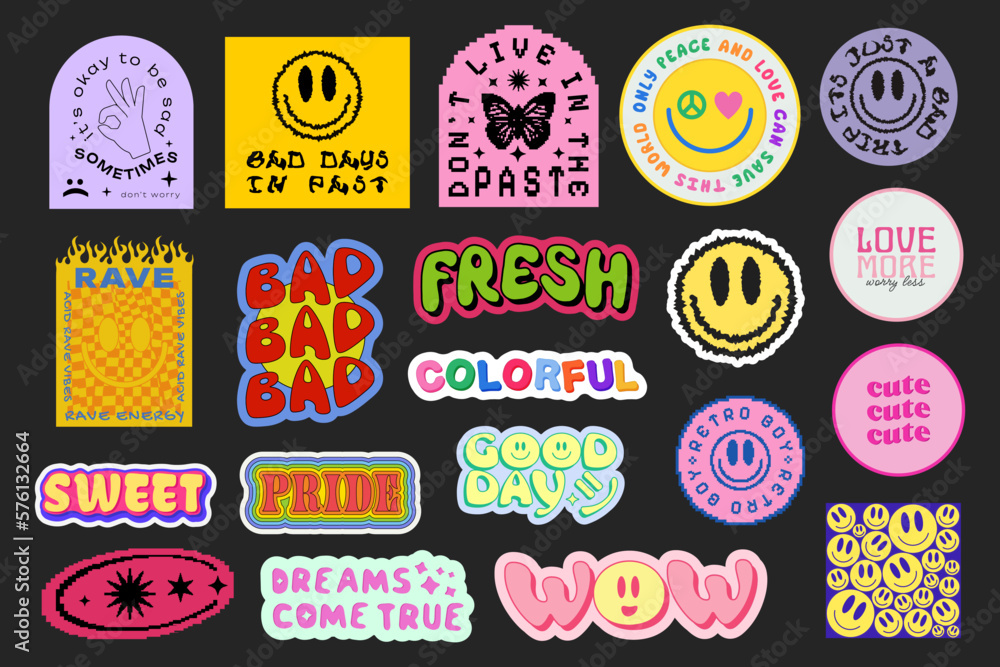 Aufkleber set of cool trendy groovy stickers vector design. pop art patches. y2k badges.