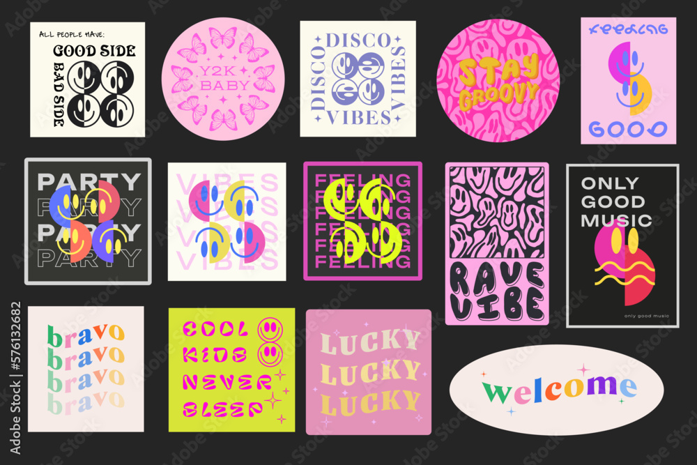 Poster cool trendy geometric smile stickers set. collection of groovy patches. pop art y2k badges. vector e