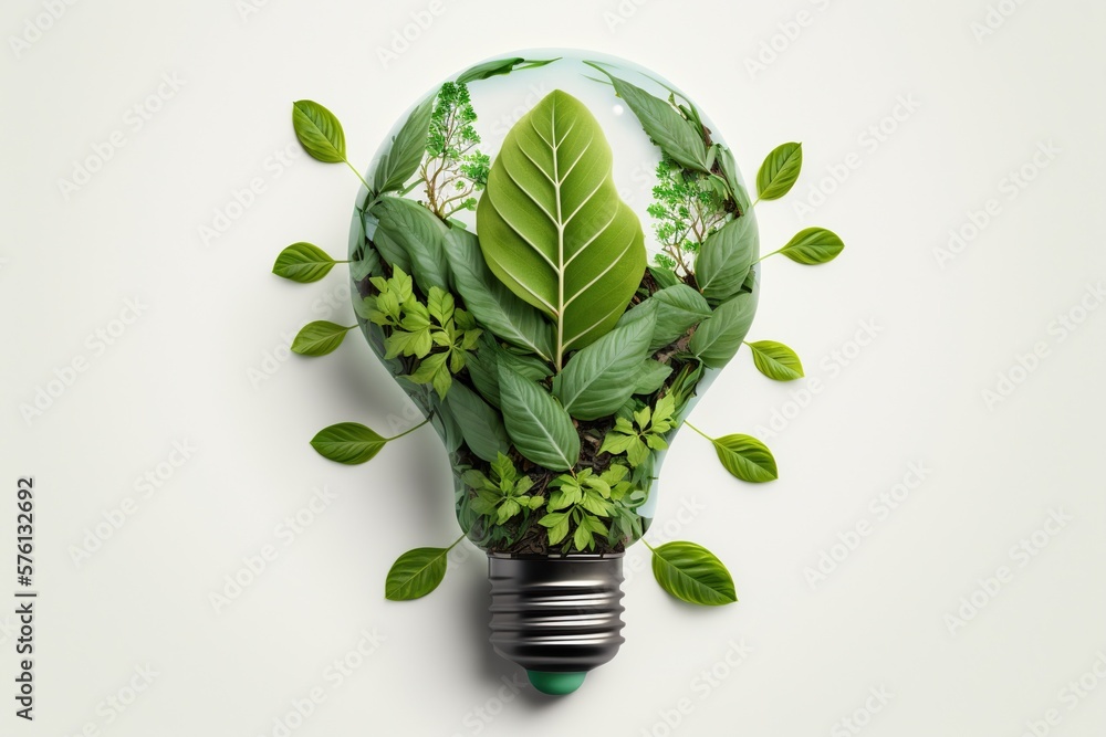 Wall mural eco friendly lightbulb from fresh leaves top vie, concept of renewable energy and sustainable living - Wall murals