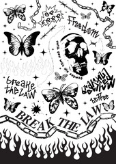 Obraz premium Cool deathcore style poster with skull, flame and batterfly.