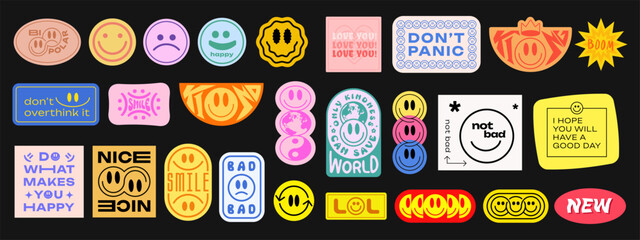 Cool Trendy Groovy Stickers Set. Collection of Y2K Patches Vector Design. Pop Art Badges. Smile Emoticons. - obrazy, fototapety, plakaty