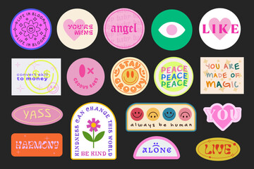 Set Of Cool Trendy Groovy Stickers Vector Design. Pop Art patches. Y2K Badges.