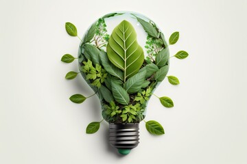 Fototapeta Eco friendly lightbulb from fresh leaves top vie, concept of Renewable Energy and Sustainable Living, created with Generative AI technology obraz