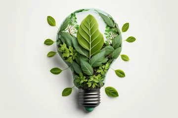 Fotobehang Eco friendly lightbulb from fresh leaves top vie, concept of Renewable Energy and Sustainable Living, created with Generative AI technology © RealPeopleStudio