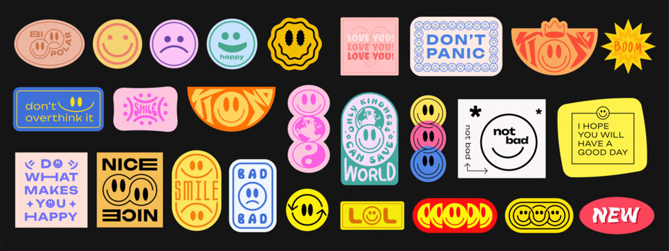 Cool Trendy Groovy Stickers Set. Collection of Y2K Patches Vector Design. Pop Art Badges. Smile Emoticons.