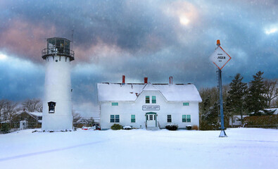 Chatham, Cape Cod Lighthouse and Coast Guard Station in Winter Storm
