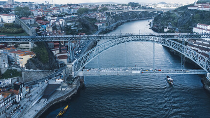 Oporto, Portugal. April 12, 2022: Aerial landscape of the Luis I bridge and the city.