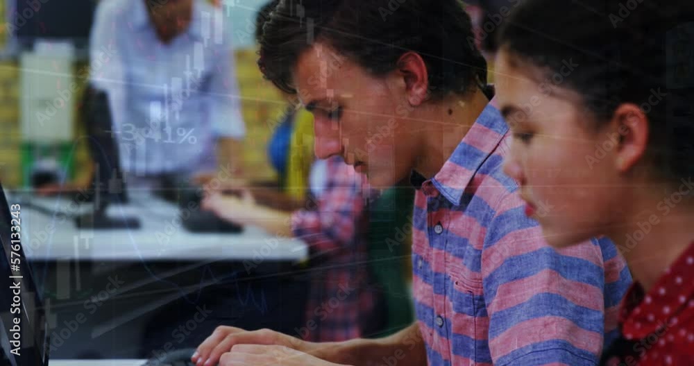 Poster animation of financial data processing over caucasian boy while using laptop and smiling at school