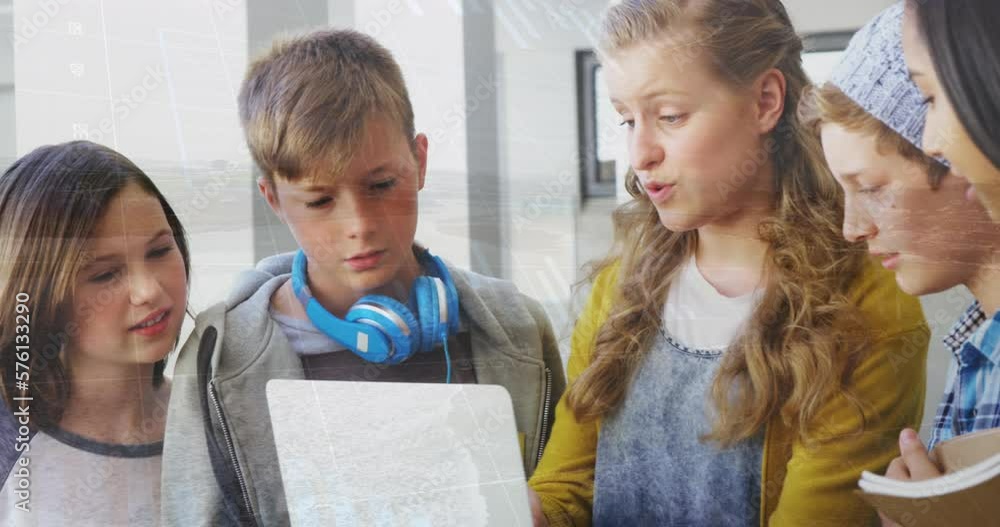 Poster animation of data processing over group of diverse students using laptop at school