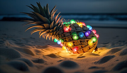 Festive illuminated pineapple on sandy beach. Generative AI - obrazy, fototapety, plakaty