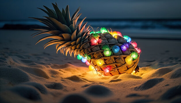 Festive illuminated pineapple on sandy beach. Generative AI