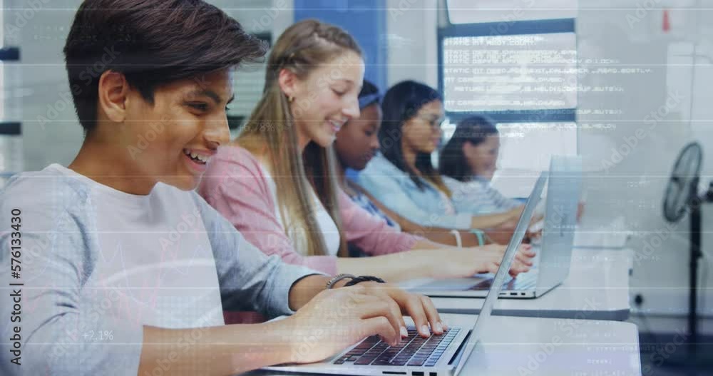 Aufkleber animation of data processing against group of diverse students using laptop at school