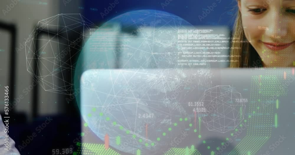 Poster animation of data processing over diverse girl and boy using digital tablet and smiling at school