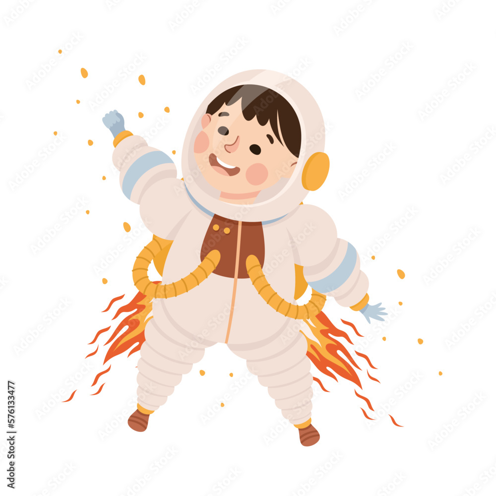 Poster little child in spacesuit flying with jetpack. kids astronaut character in outer space cartoon vecto