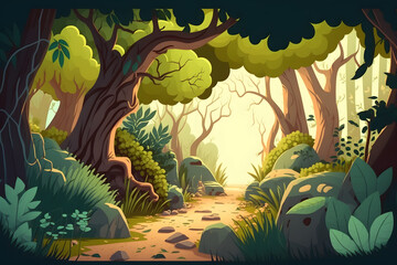 Cartoon forest background. Made with Generative AI