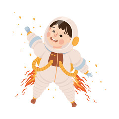 Little child in spacesuit flying with jetpack. Kids astronaut character in outer space cartoon vector illustration