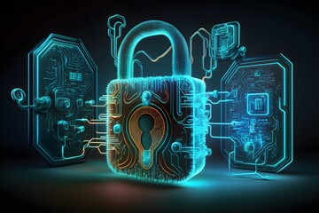 Wallpaper Illustration and background of cyber security data protection shield, with key lock security system, technology digital. Front view. Concept of database security software. Generative AI