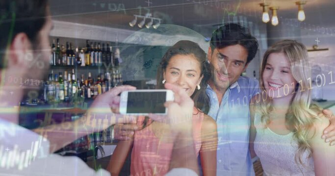 Animation of data processing over caucasian male waiter taking picture of group of friends at a bar