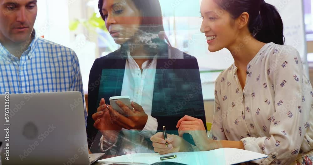 Poster animation of screens of data processing over diverse colleagues discussing over a laptop at office