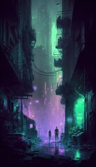A futuristic cyberpunk city with neon glowing lights at night. 