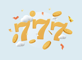 Lottery win or jackpot win, coins and three sevens slot machine game, money lottery, big jackpot 777 3D illustration. Slot machine or lottery winner character vector 3D illustration lucky winners