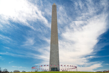 The George Washington Monument against the blue sky in the capital of America.