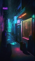 A futuristic cyberpunk city with neon glowing lights at night. 