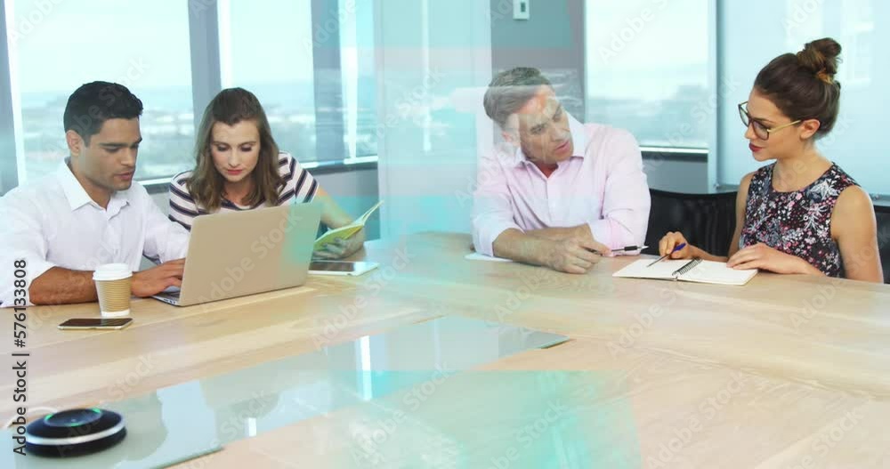 Aufkleber animation of screens of data processing over diverse colleagues discussing in meeting room at office